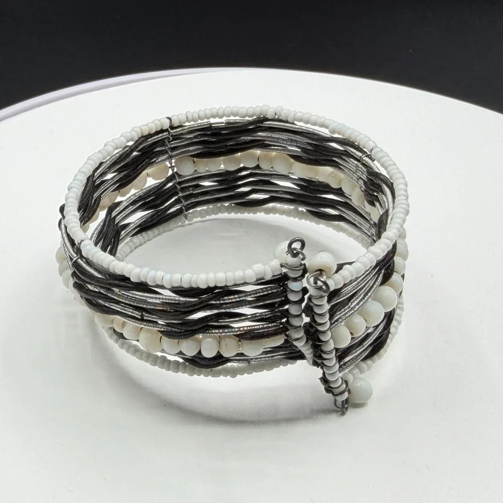 White Beaded Multi Strand Cuff Bracelet Boho Statement Layered Festival Gift
